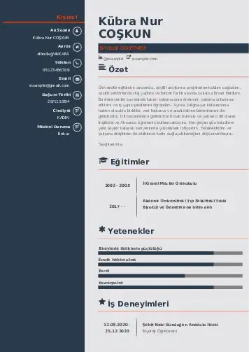 Biyoloji Öğretmeni CV Örnekleri cv indir